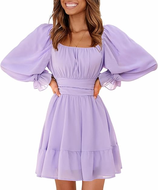 Women Casual Long Lantern Sleeve Dresses Square Neck Ruffle Tie